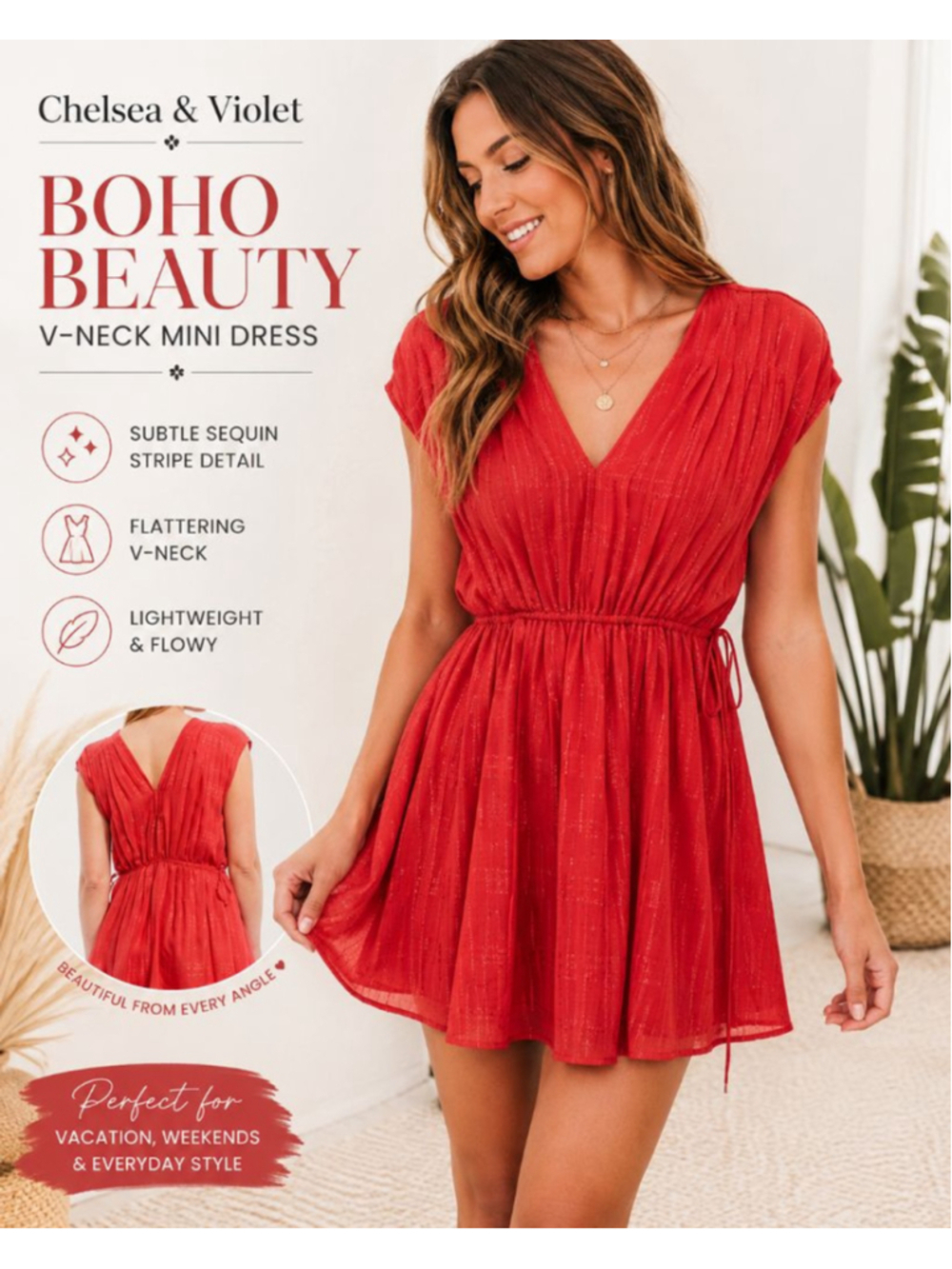 Chelsea & Violet V-Neck Cap Sleeve Sequin Stripe Mini Dress, BOHO, Tomato Girl